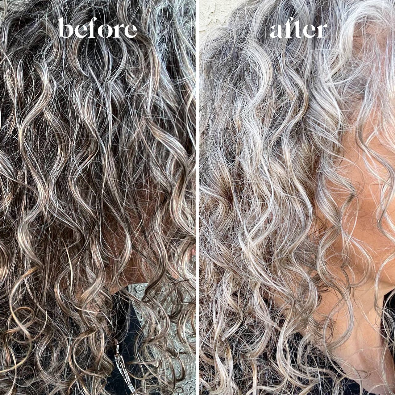 Before and after results using purple shampoo bar for blonde hair showing reduced brassiness and brighter curls