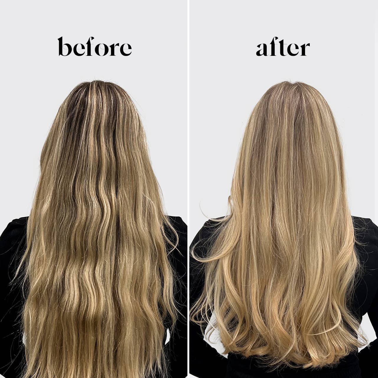 Before and after results of using purple shampoo bar for blonde hair by Innovate the Label on wavy blonde hair