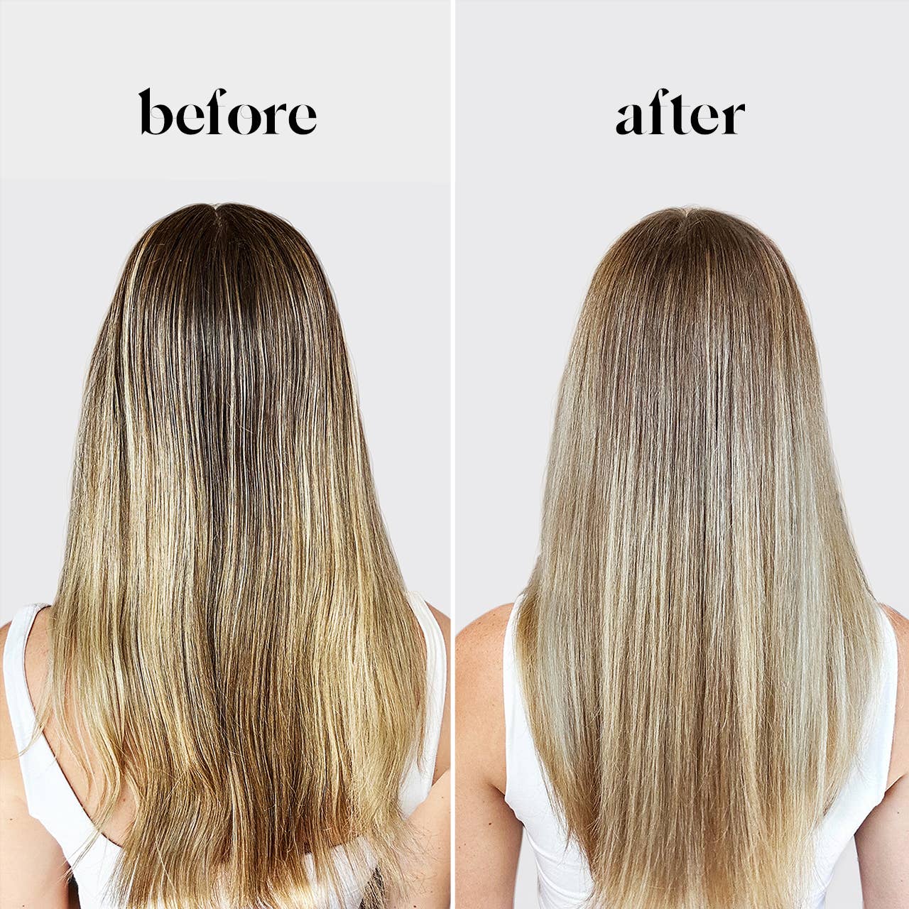 Before and after results using purple shampoo bar for blonde hair showing brighter and less brassy blonde hair