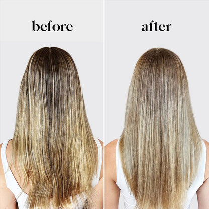 Before and after results using purple shampoo bar for blonde hair showing brighter and less brassy blonde hair