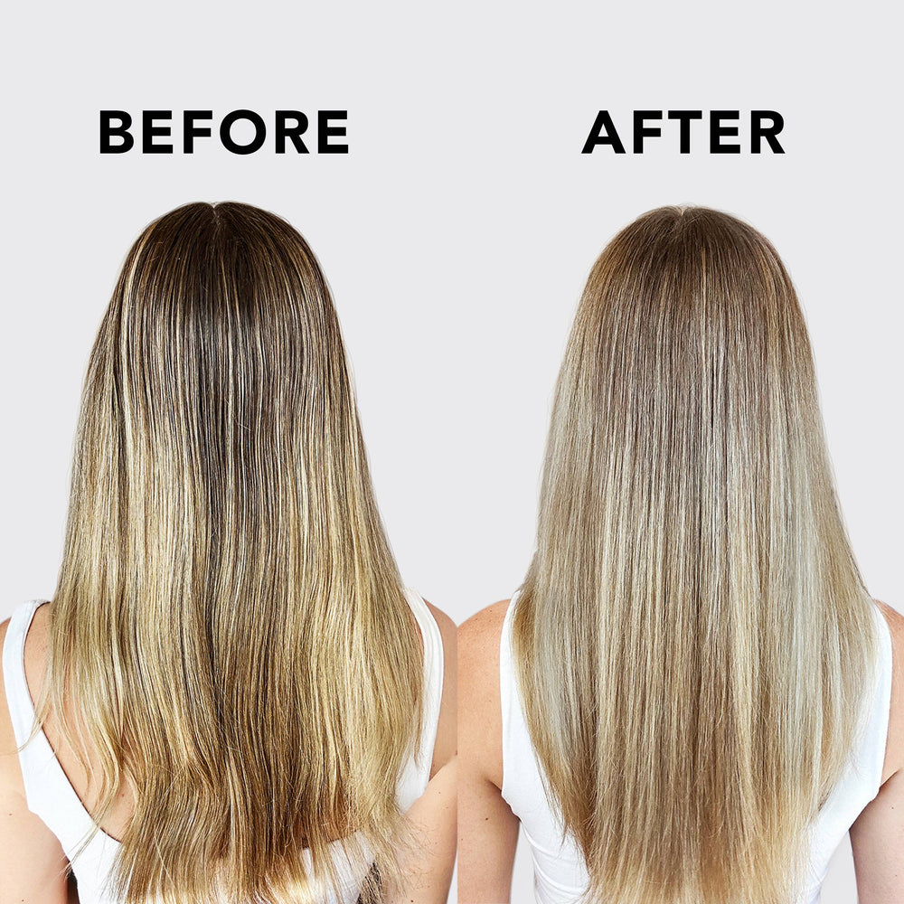 Before and after results of hair treated with purple toning conditioner bar showing reduced brassiness and cooler blonde tones