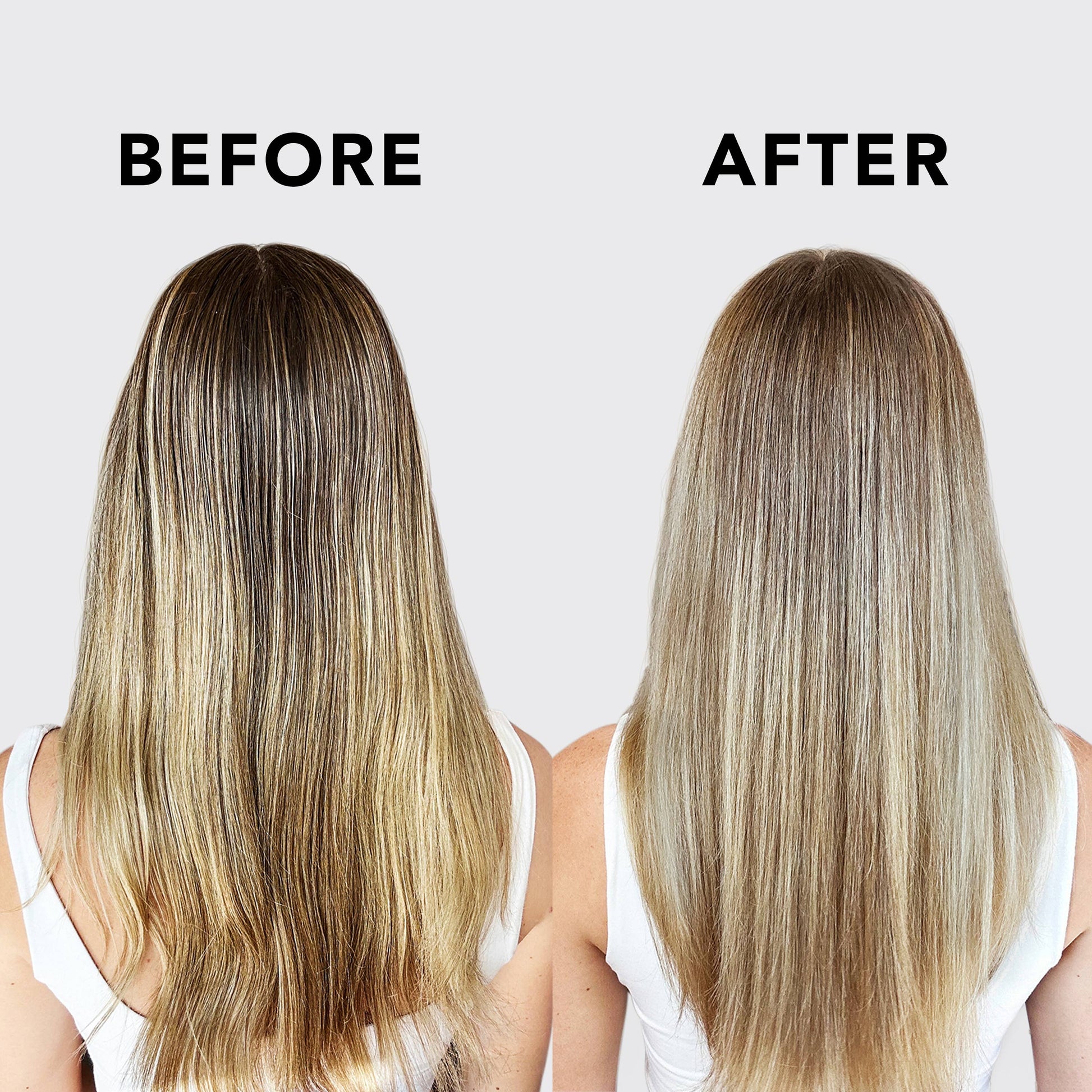 Before and after results of hair treated with purple toning conditioner bar showing reduced brassiness and cooler blonde tones