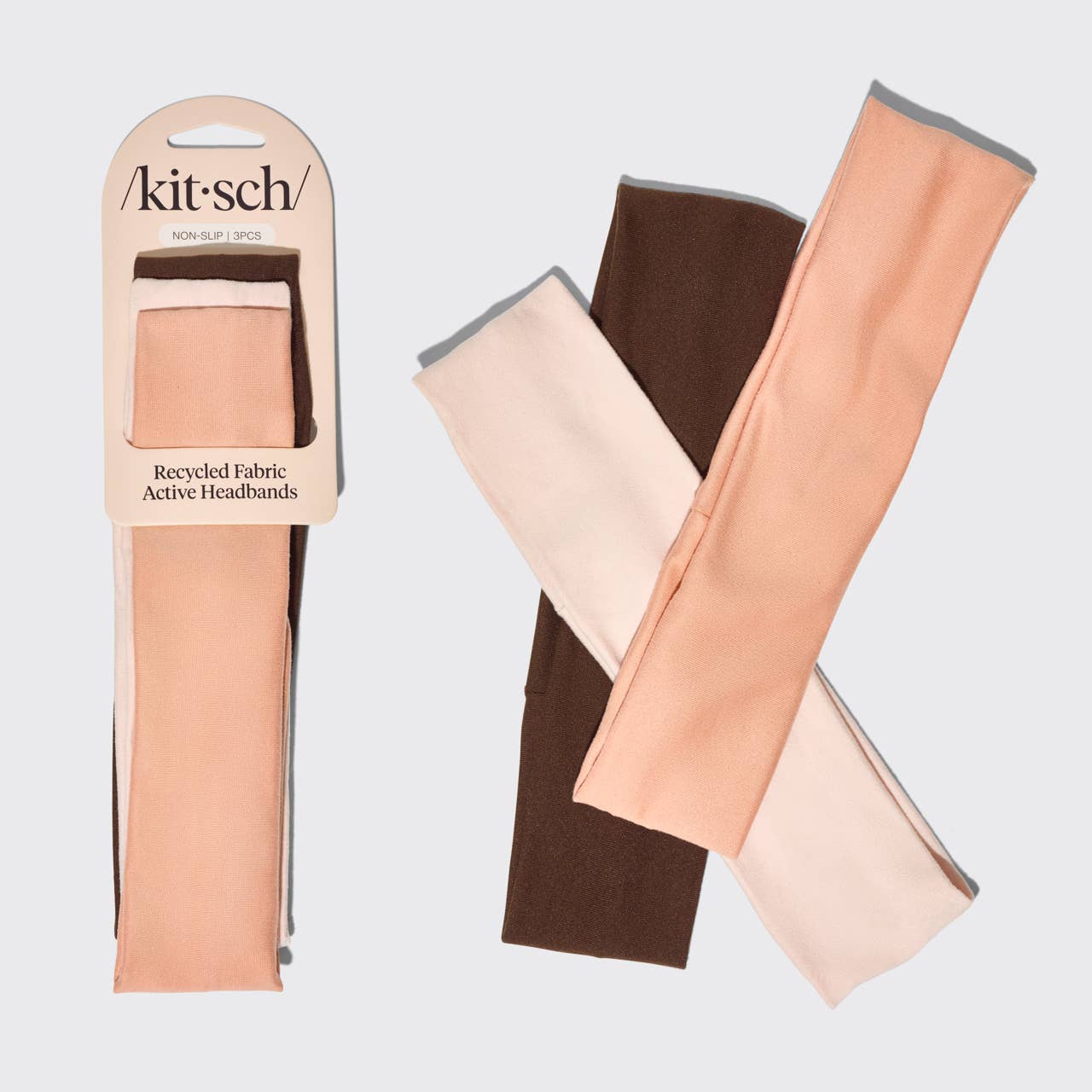 Innovate the Label pack of three eco-friendly workout headbands in peach brown and cream recycled fabric