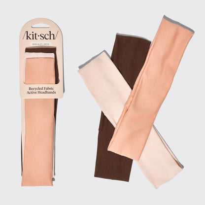 Innovate the Label pack of three eco-friendly workout headbands in peach brown and cream recycled fabric