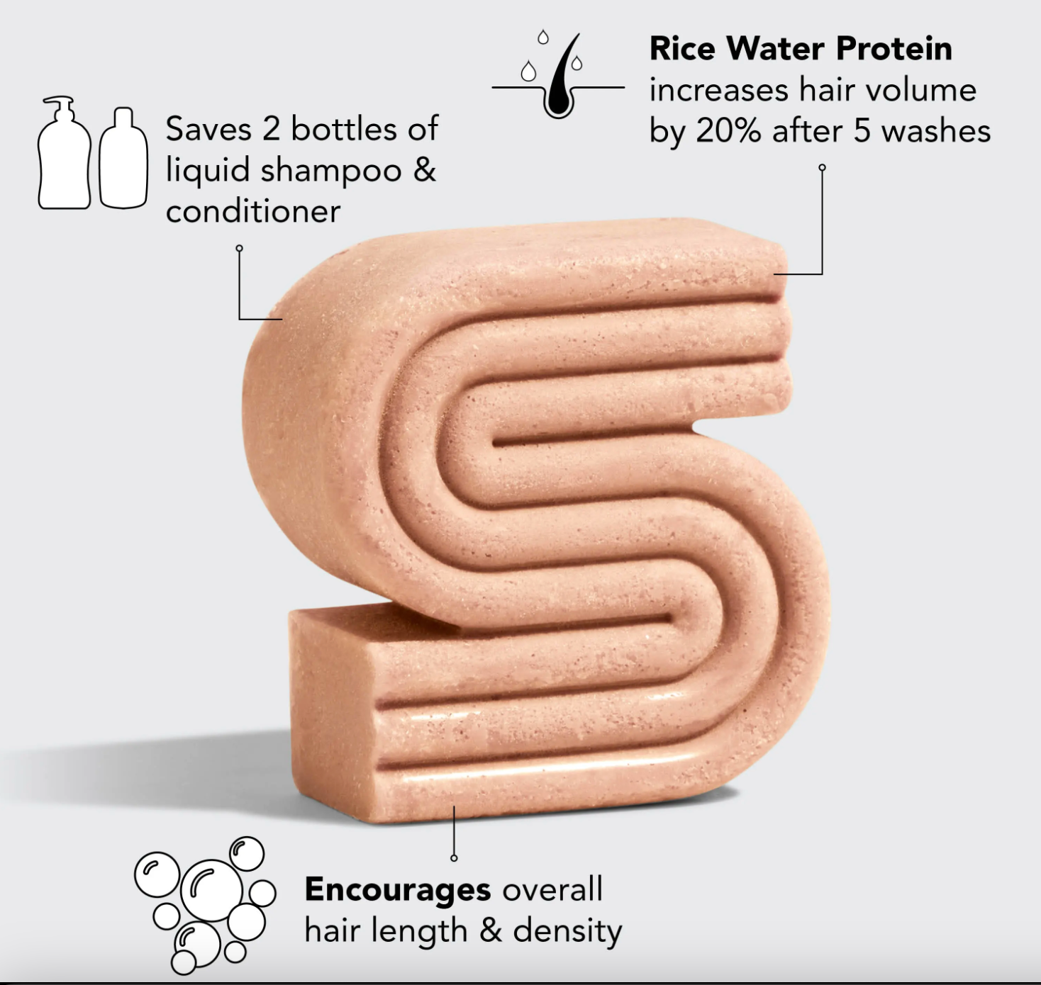 Innovate the Label rice water shampoo bar shaped in a unique S design with hair volume and length benefits