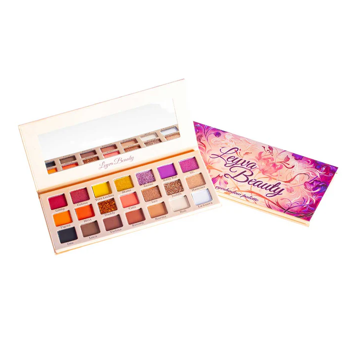 Innovate the Label Leyva Beauty eyeshadow palette with 20 vibrant shades and a built-in mirror