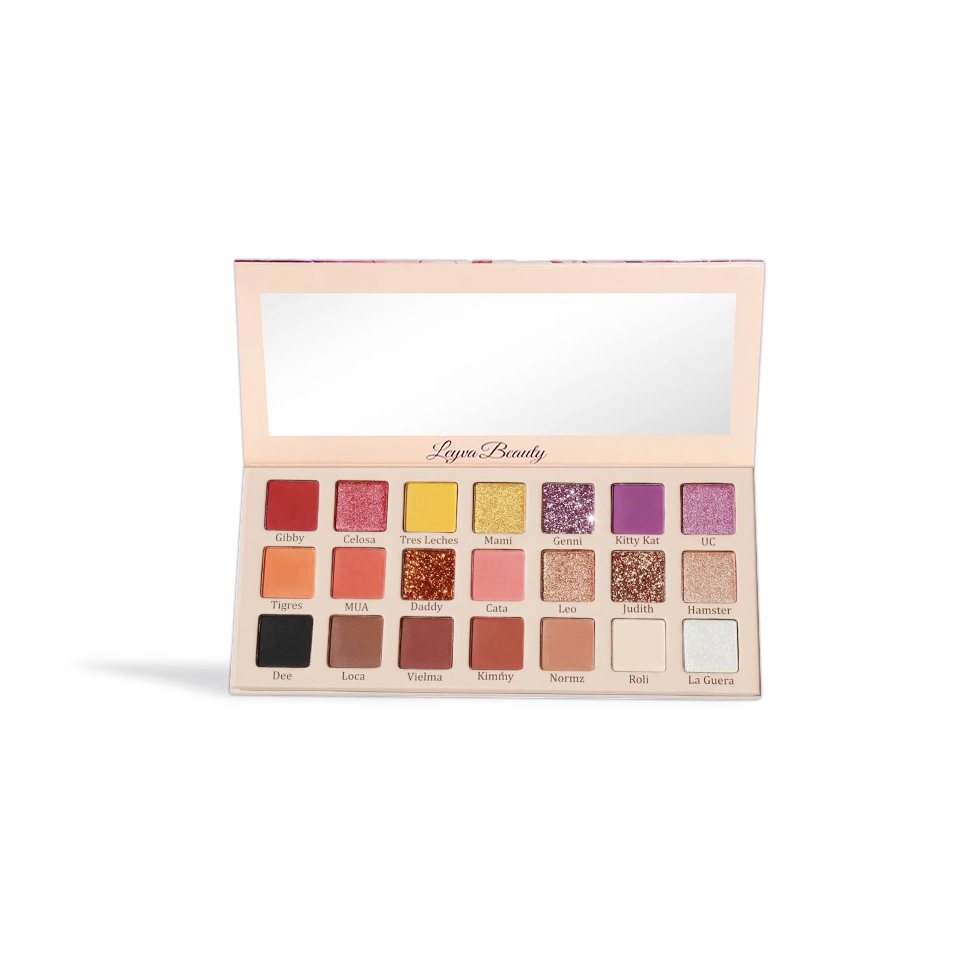 Leyva Beauty eyeshadow palette by Innovate the Label with 20 vibrant and shimmery shades in a sleek case with mirror