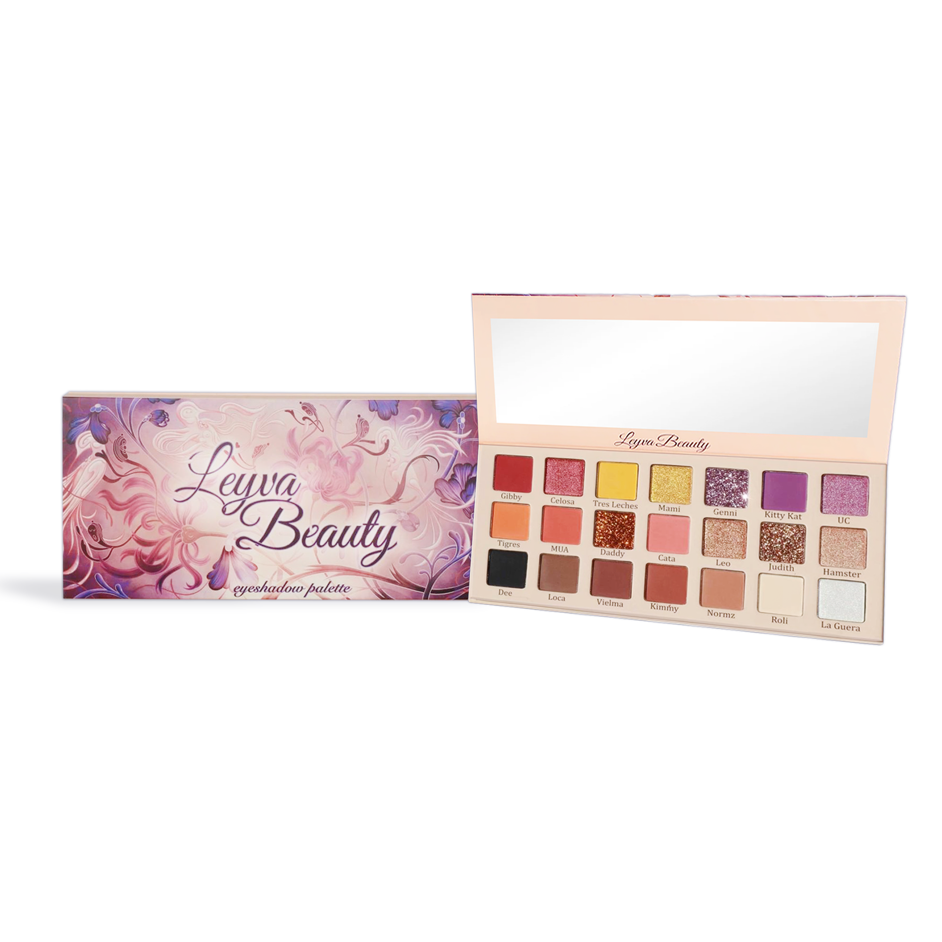 Innovate the Label Leyva Beauty eyeshadow palette with 20 vibrant shades and built-in mirror