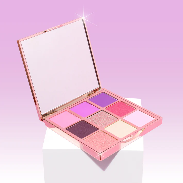 Innovate the Label Leyva Beauty eyeshadow palette with nine pink and purple shades and a built-in mirror