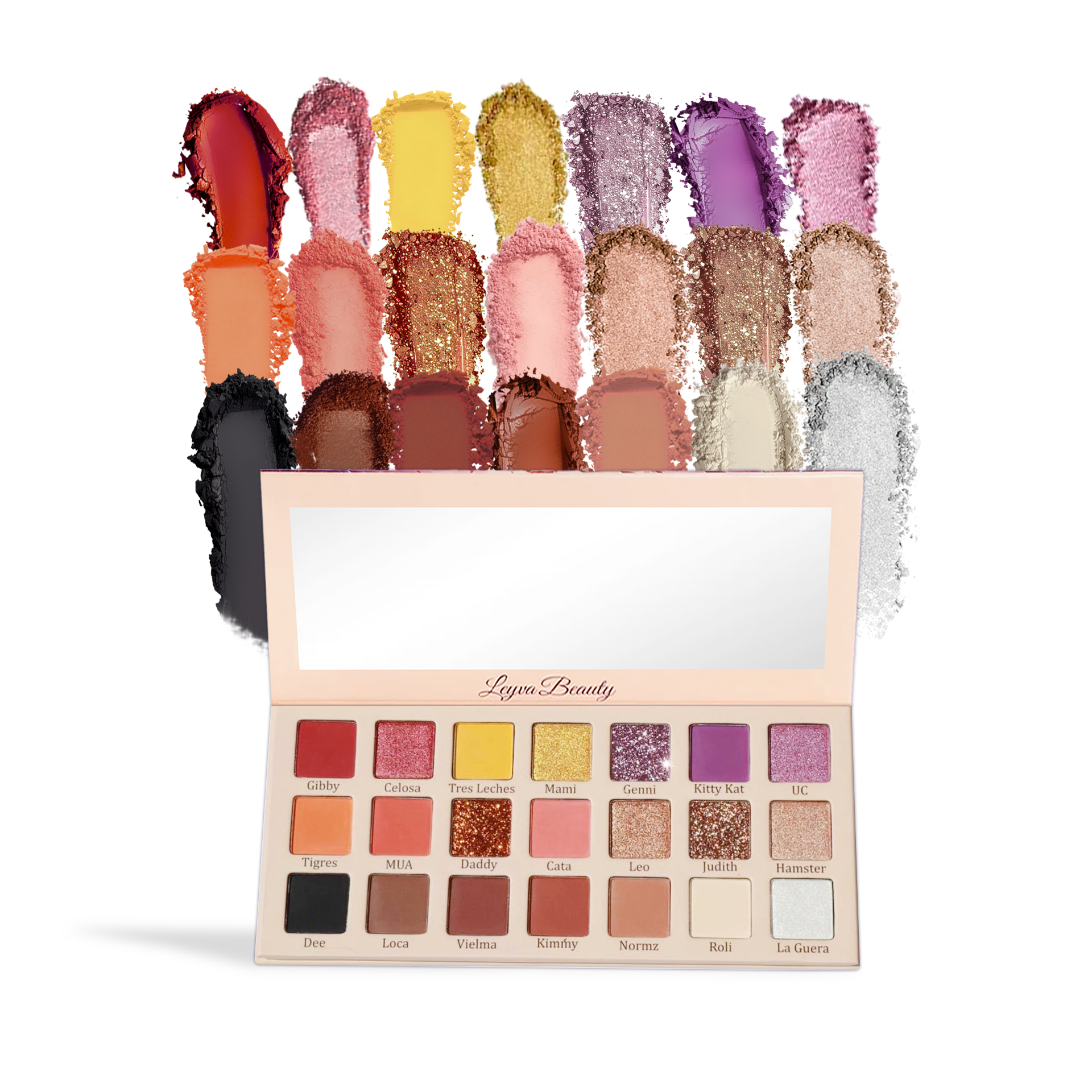 Leyva Beauty eyeshadow palette by Innovate the Label with 24 vibrant colors and shimmer shades