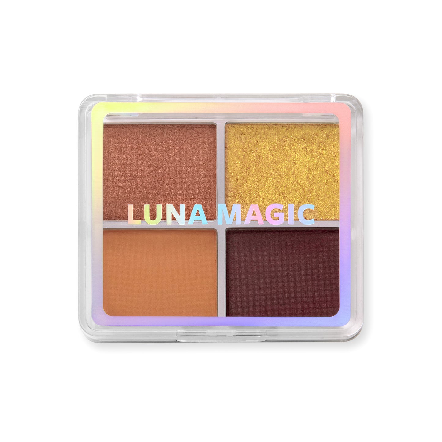 Luna Magic Desert Heat Eyeshadow Quad with warm brown, gold, tan, and deep burgundy shades