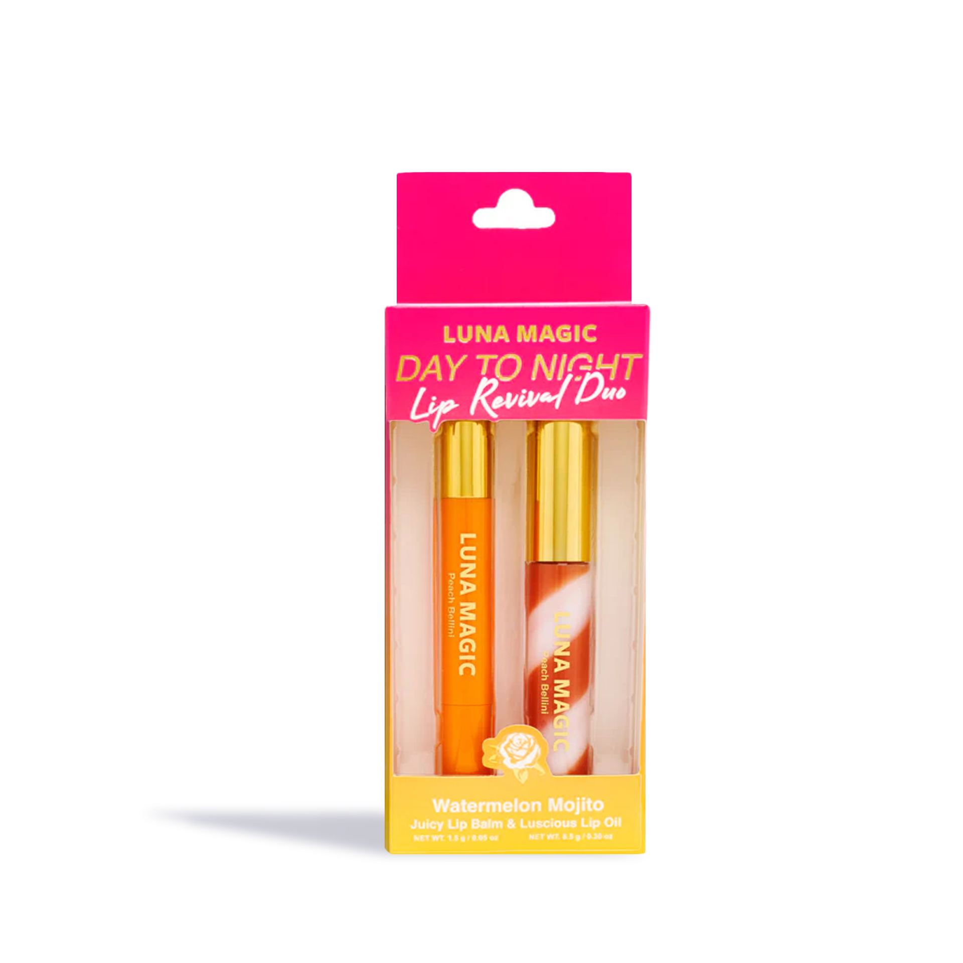 Luna Magic Day to Night Lip Revival Duo featuring Watermelon Mojito lip balm and oil in a vibrant packaging