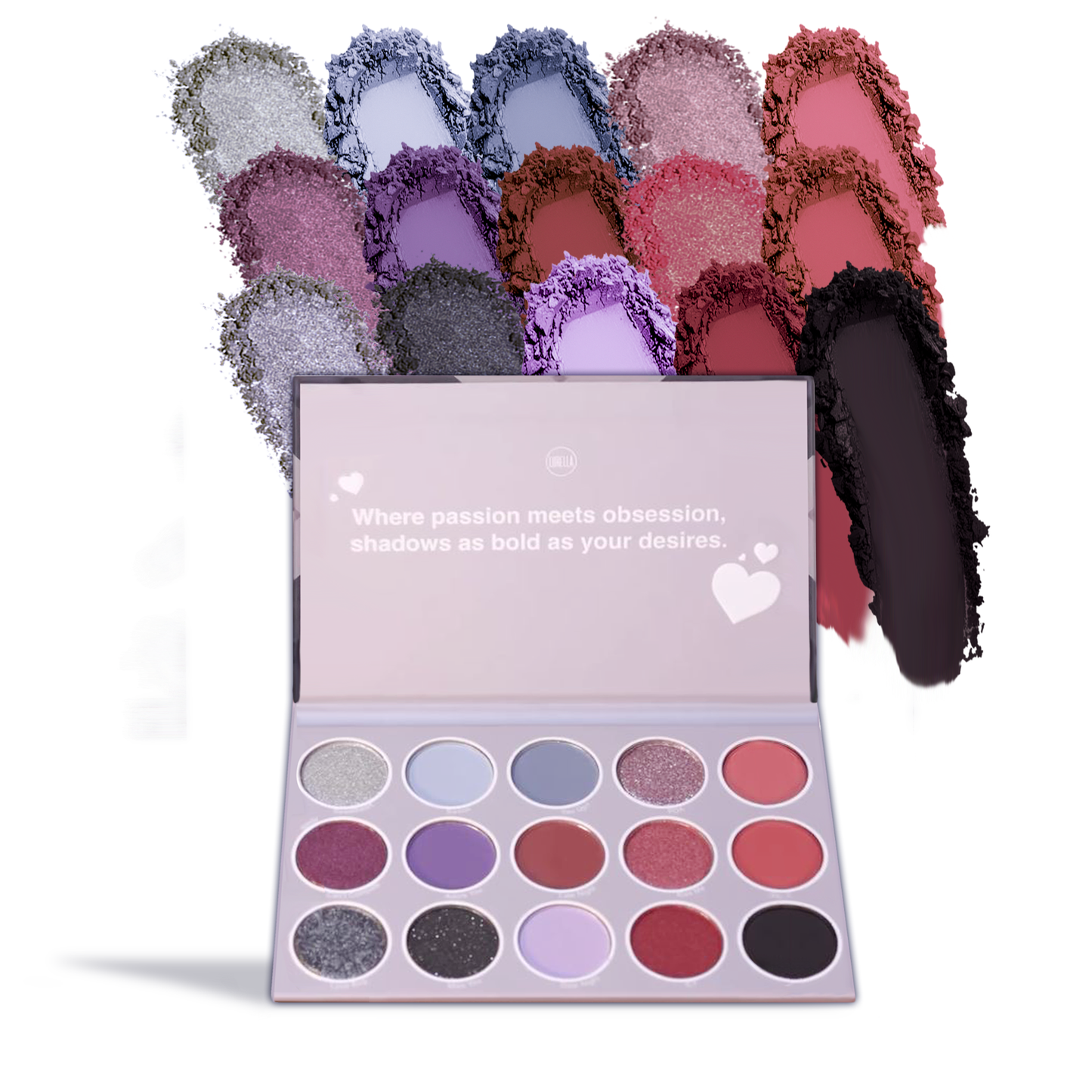 Innovate the Label Lurella Bad Romance eyeshadow palette with 15 vibrant shades in pink, purple, and neutral tones
