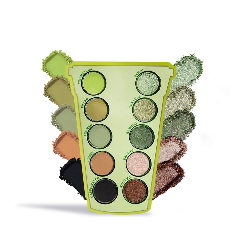 Innovate the Label Lurella Matcha Palette with green and earth tone eyeshadows in unique cup-shaped packaging