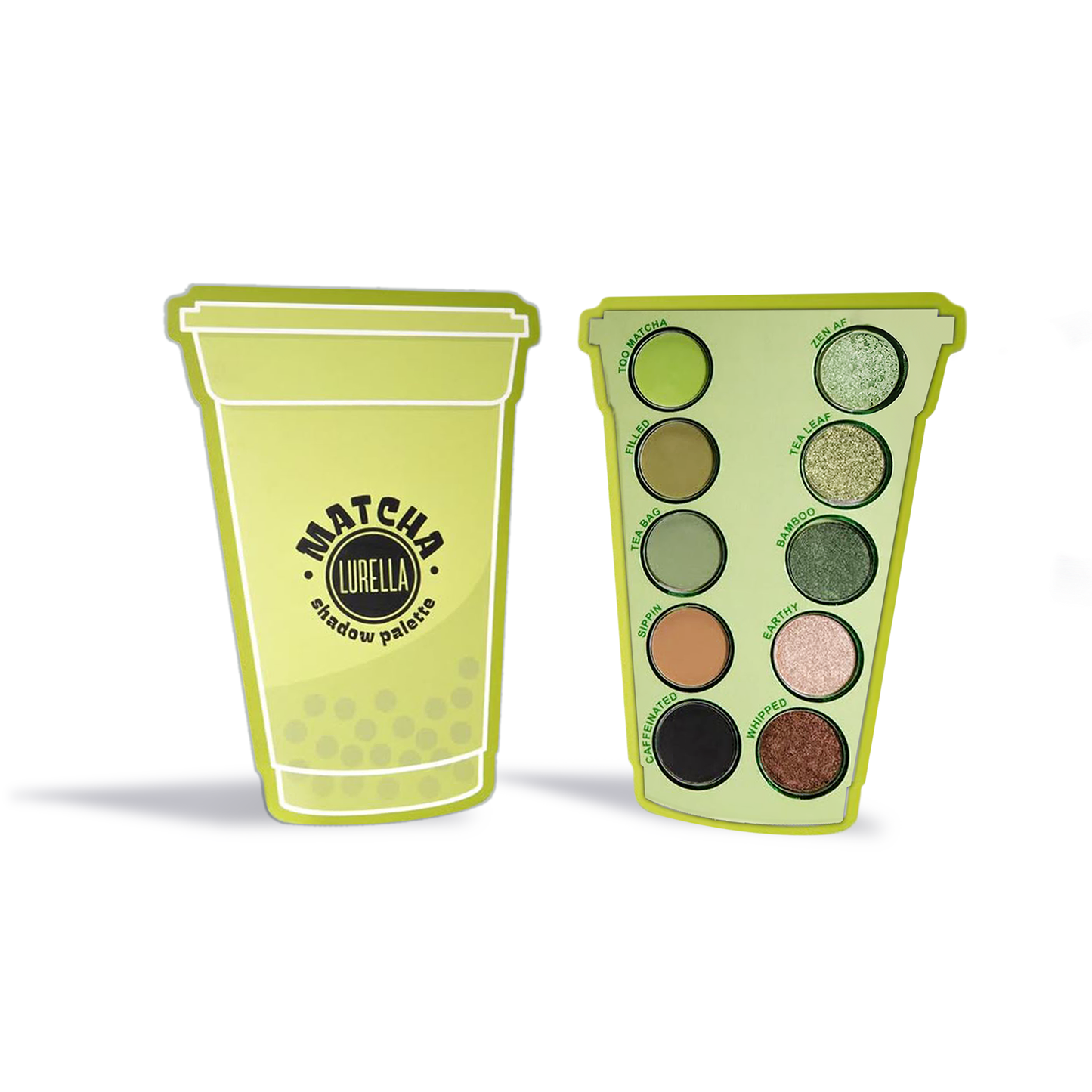 Innovate the Label Lurella Matcha Palette eyeshadow set shaped like a matcha cup with eight green and neutral shades