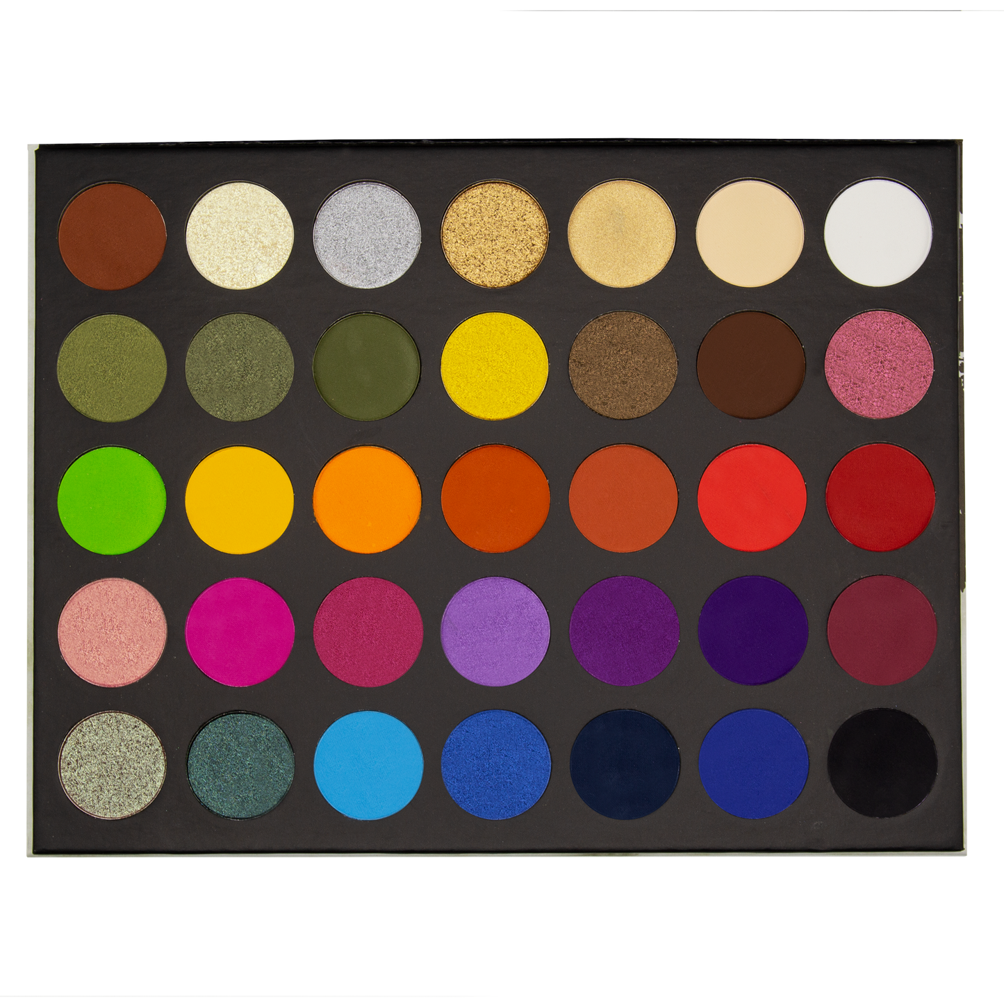 The Makeup Shack colorful eyeshadow palette with 35 vibrant shades arranged in five rows