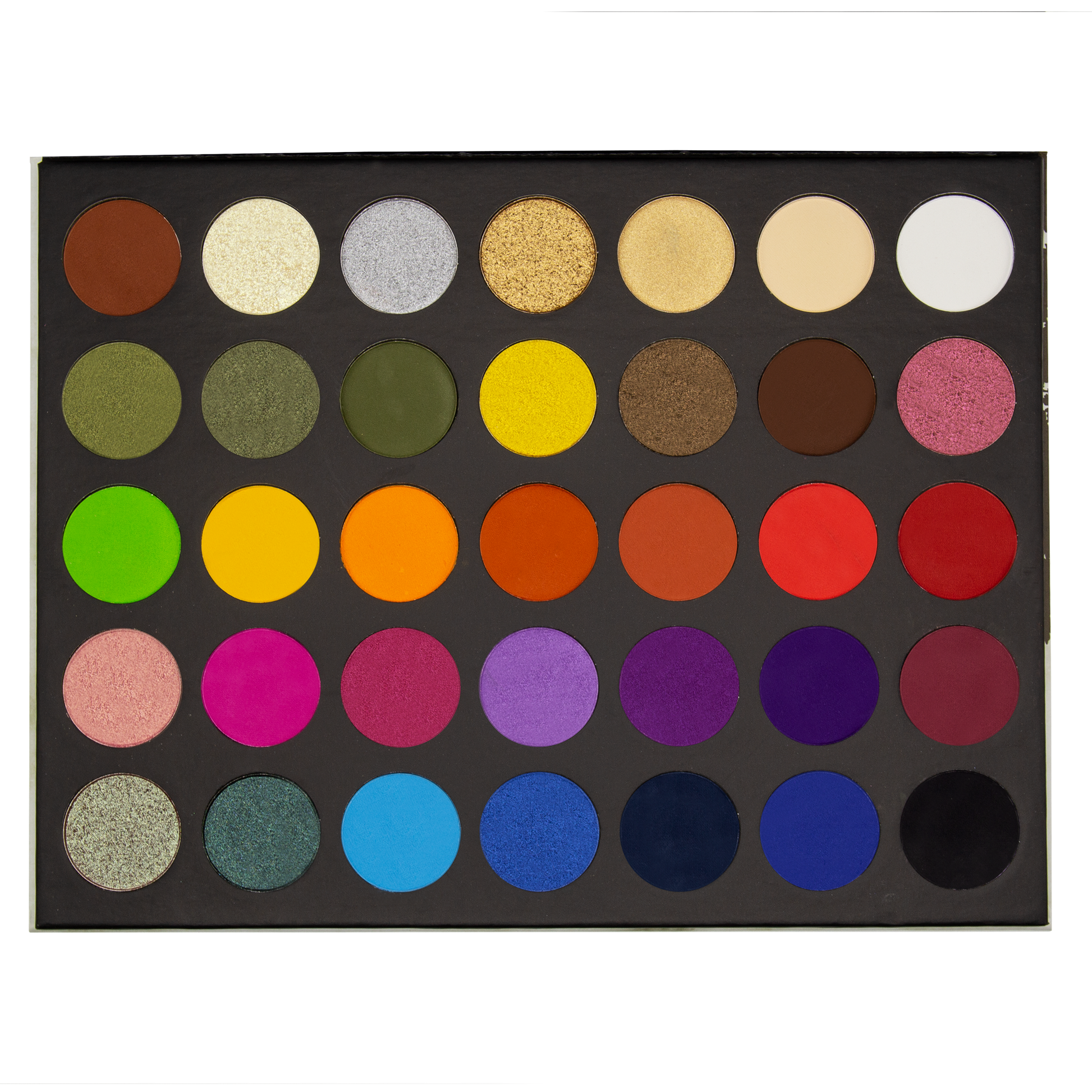 The Makeup Shack colorful eyeshadow palette with 35 vibrant shades arranged in five rows
