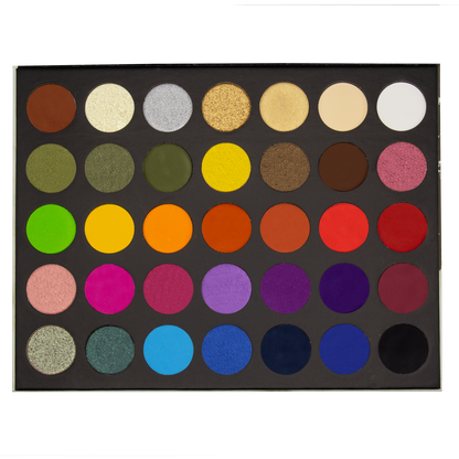 The Makeup Shack colorful eyeshadow palette with 35 vibrant shades arranged in five rows
