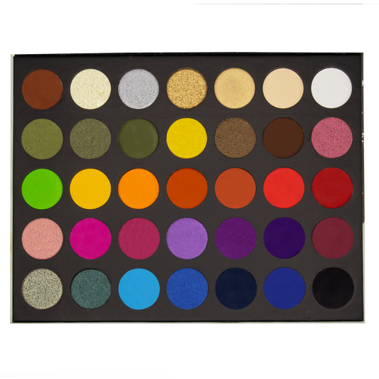 The Makeup Shack colorful eyeshadow palette with 35 vibrant shades arranged in five rows