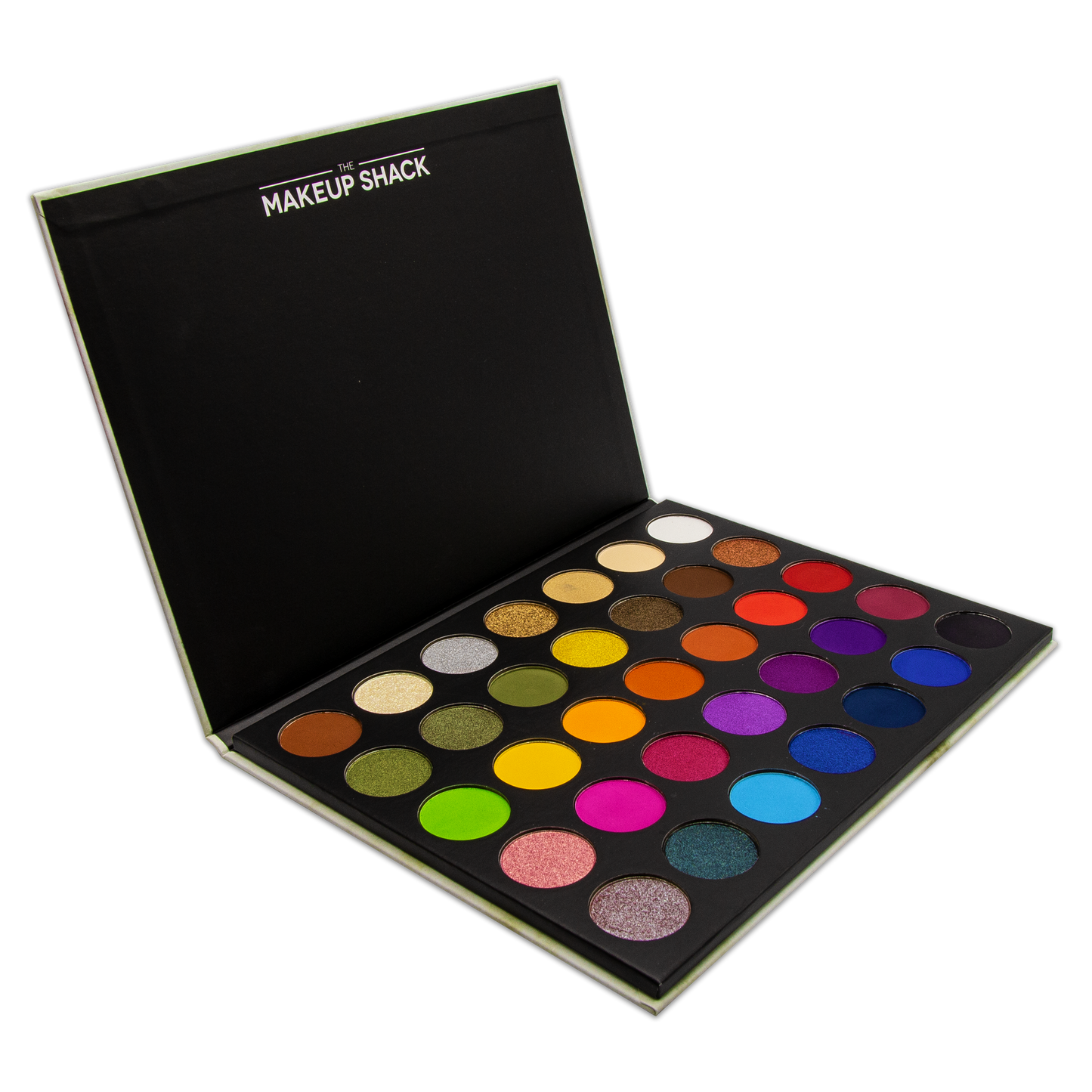 The Makeup Shack colorful eyeshadow palette featuring vibrant matte and shimmer shades in a sleek black case