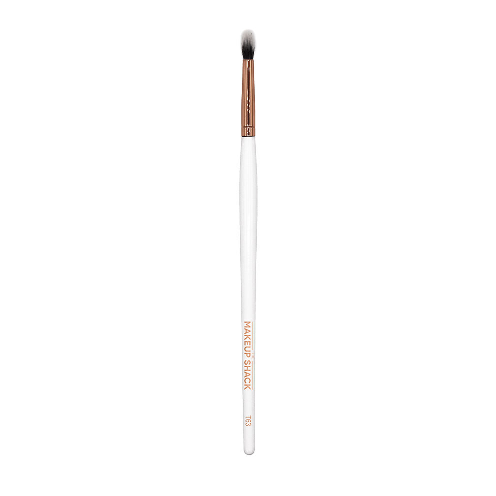 The Makeup Shack mini pointed blending brush with white handle and tapered bristles for precise makeup application