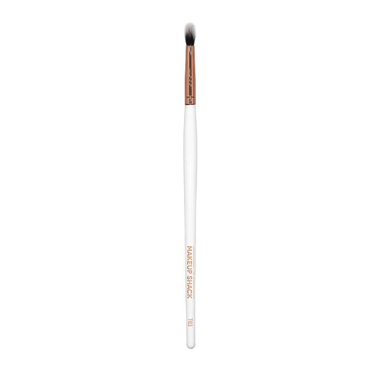 The Makeup Shack mini pointed blending brush with white handle and tapered bristles for precise makeup application