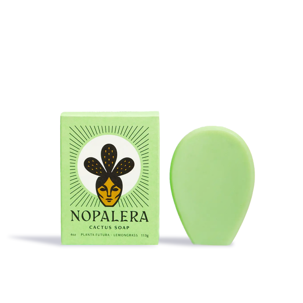 Nopalera Lemongrass Cactus Soap bar and its green packaging by Innovate the Label