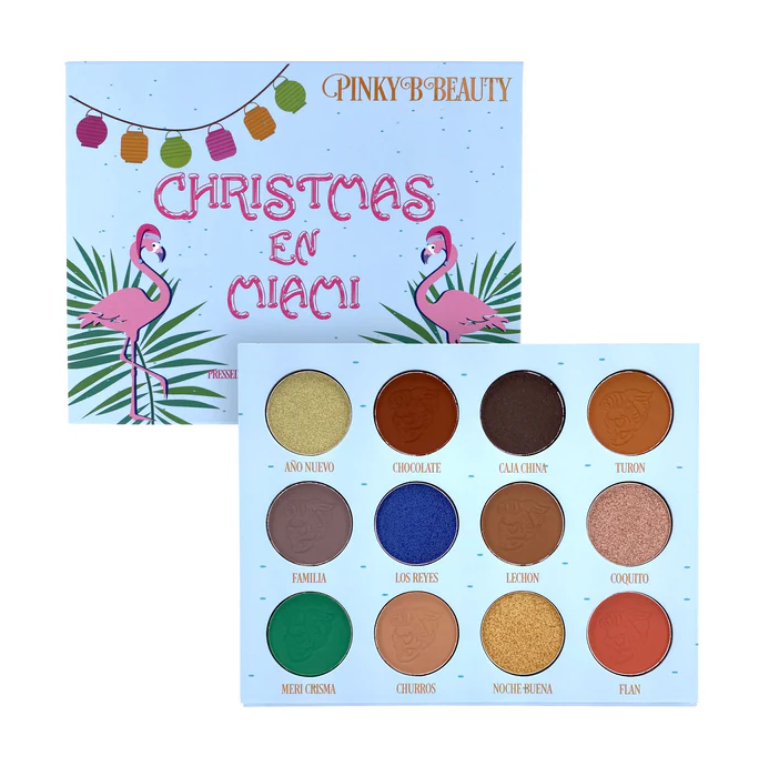 Innovate the Label Christmas in Miami eyeshadow palette with 12 vibrant tropical shades and pink flamingo packaging
