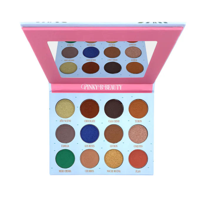 Christmas in Miami eyeshadow palette by Innovate the Label open showing 16 colorful matte and shimmer shades