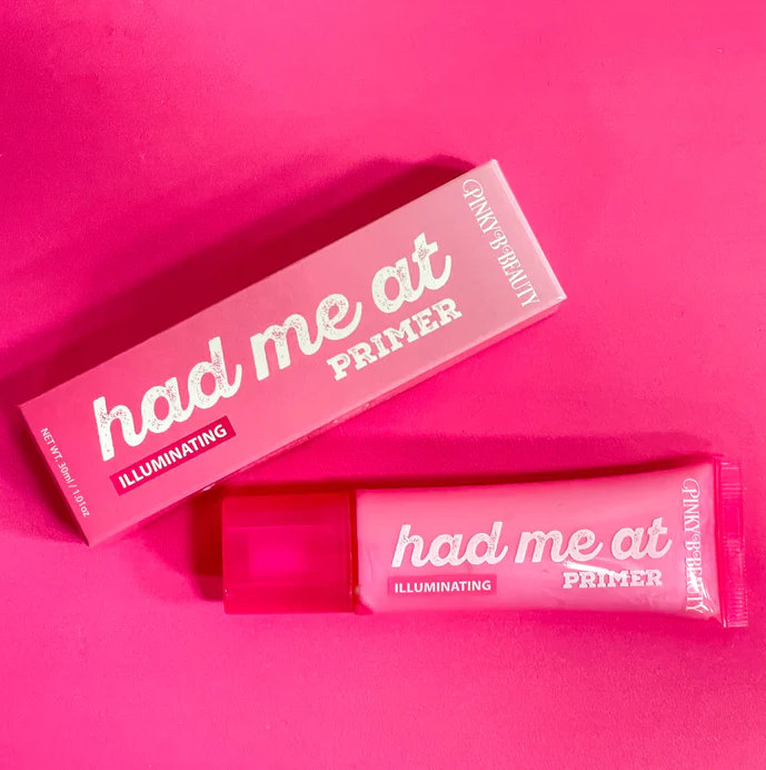 Innovate the Label illuminating face primer Had Me At Primer in bright pink packaging on pink background
