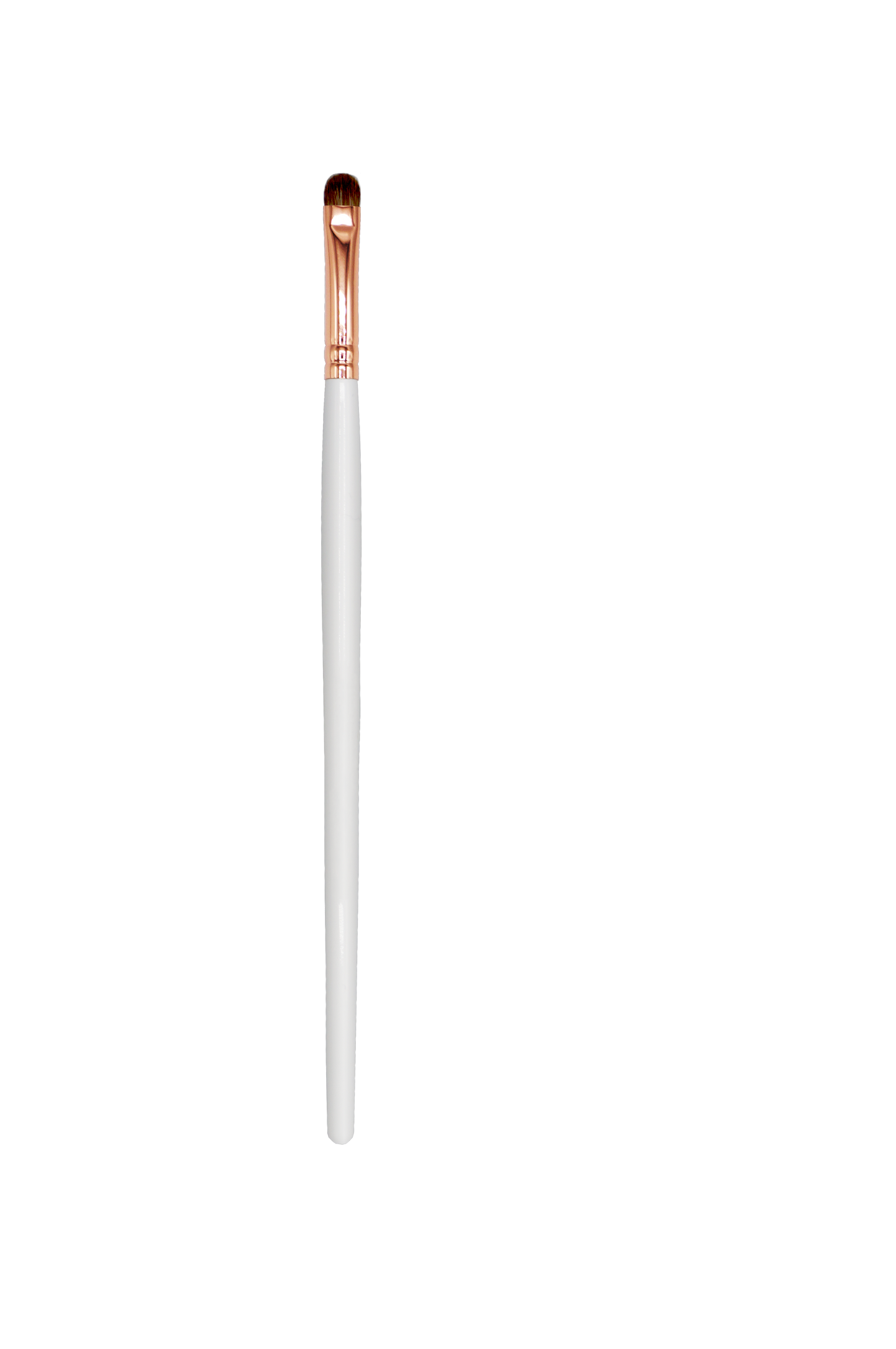 Precision makeup brush for detail work with white handle and rose gold ferrule from The Makeup Shack