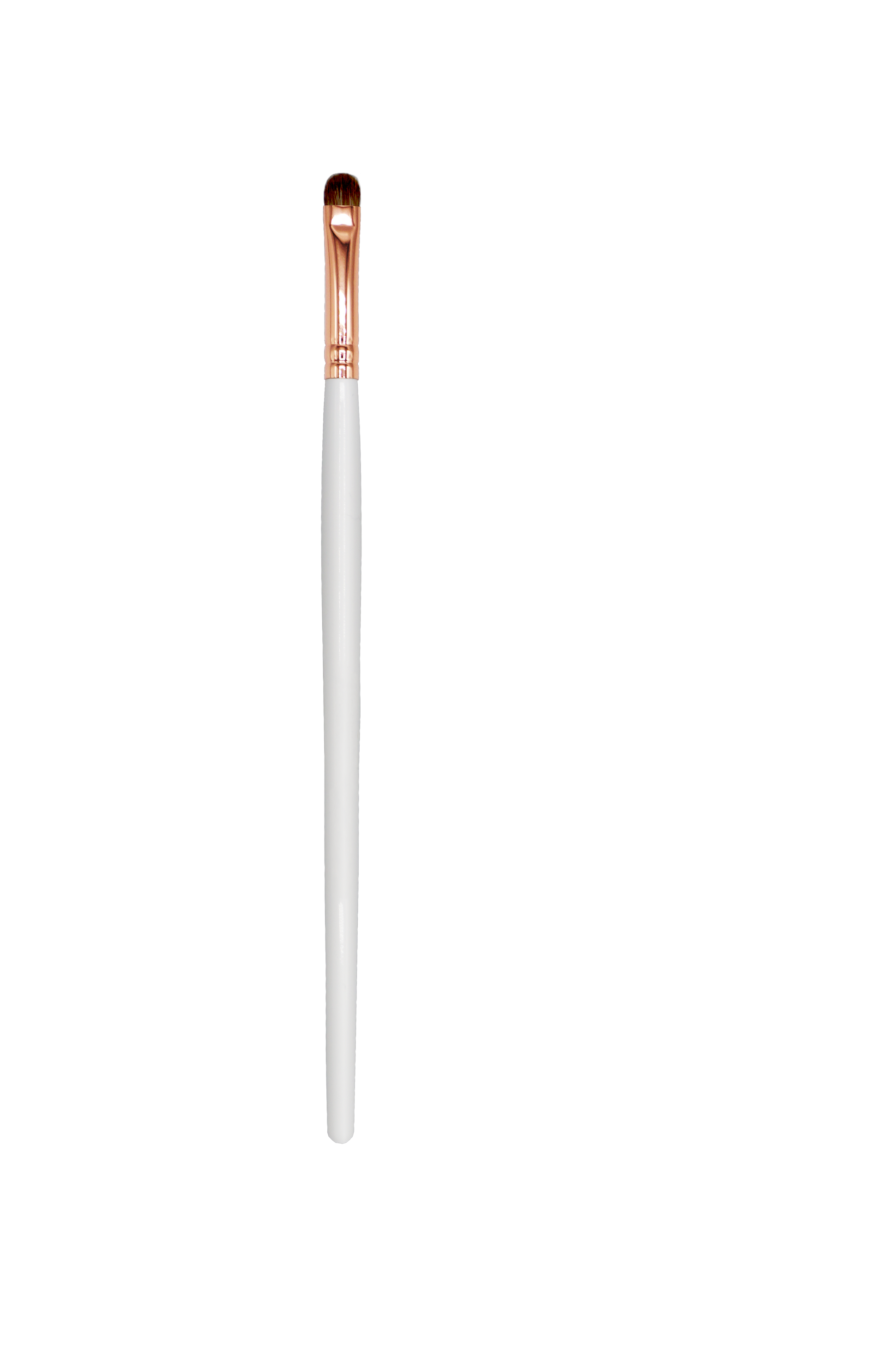 Precision makeup brush for detail work with white handle and rose gold ferrule from The Makeup Shack