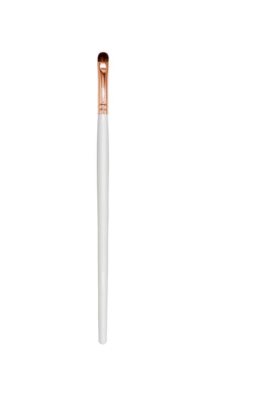 Precision makeup brush for detail work with white handle and rose gold ferrule from The Makeup Shack