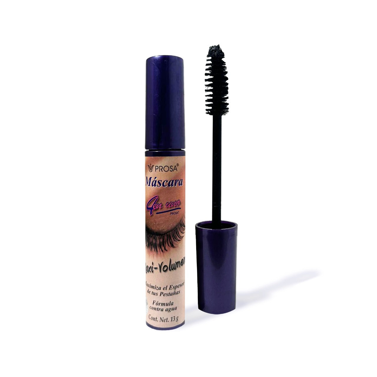 Innovate the Label 4 in 1 Black Eyelash Mascara open tube with wand showing black volumizing brush and purple cap