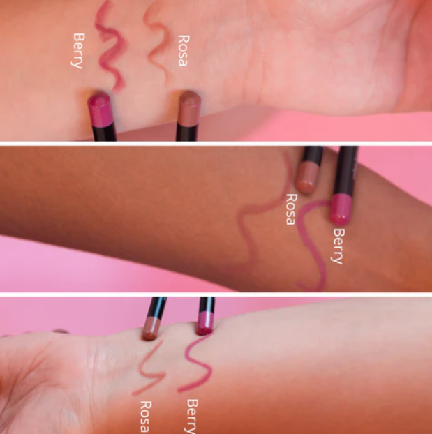Innovate the Label Beauty Bundles creamy lip liner crayon in Berry and Rosa shades swatched on different skin tones