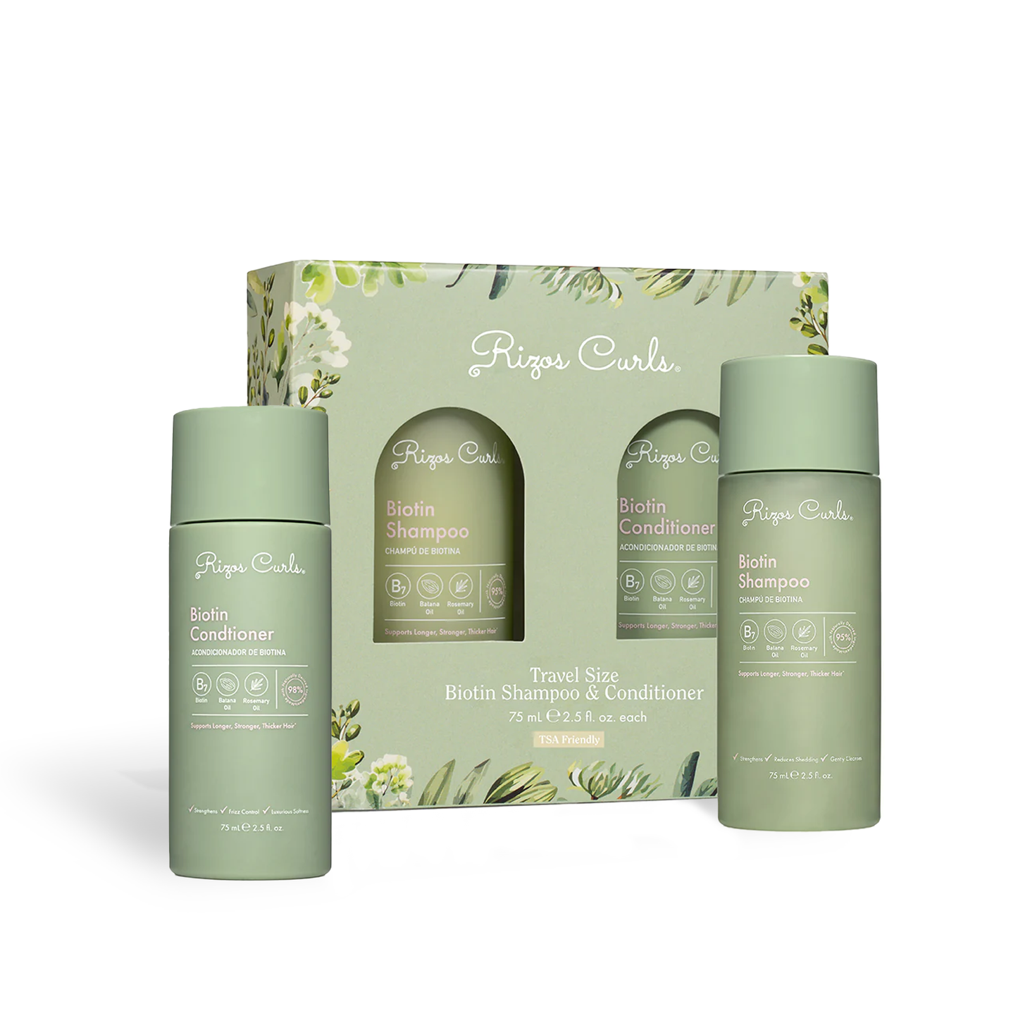 Travel Size Biotin Shampoo and Conditioner Set by Rizos Curls for enhanced hair nourishment