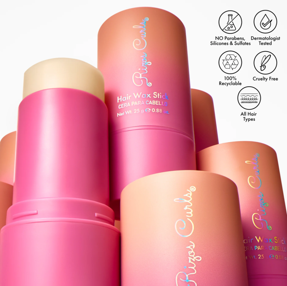 Innovate the Label hair wax stick for baby hairs and slick backs in pink packaging with product benefits icons