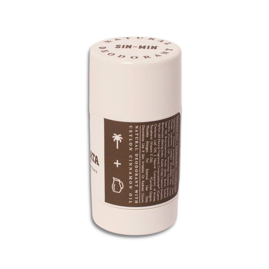 SIN-MIN natural deodorant travel size stick with cinnamon oil in compact container
