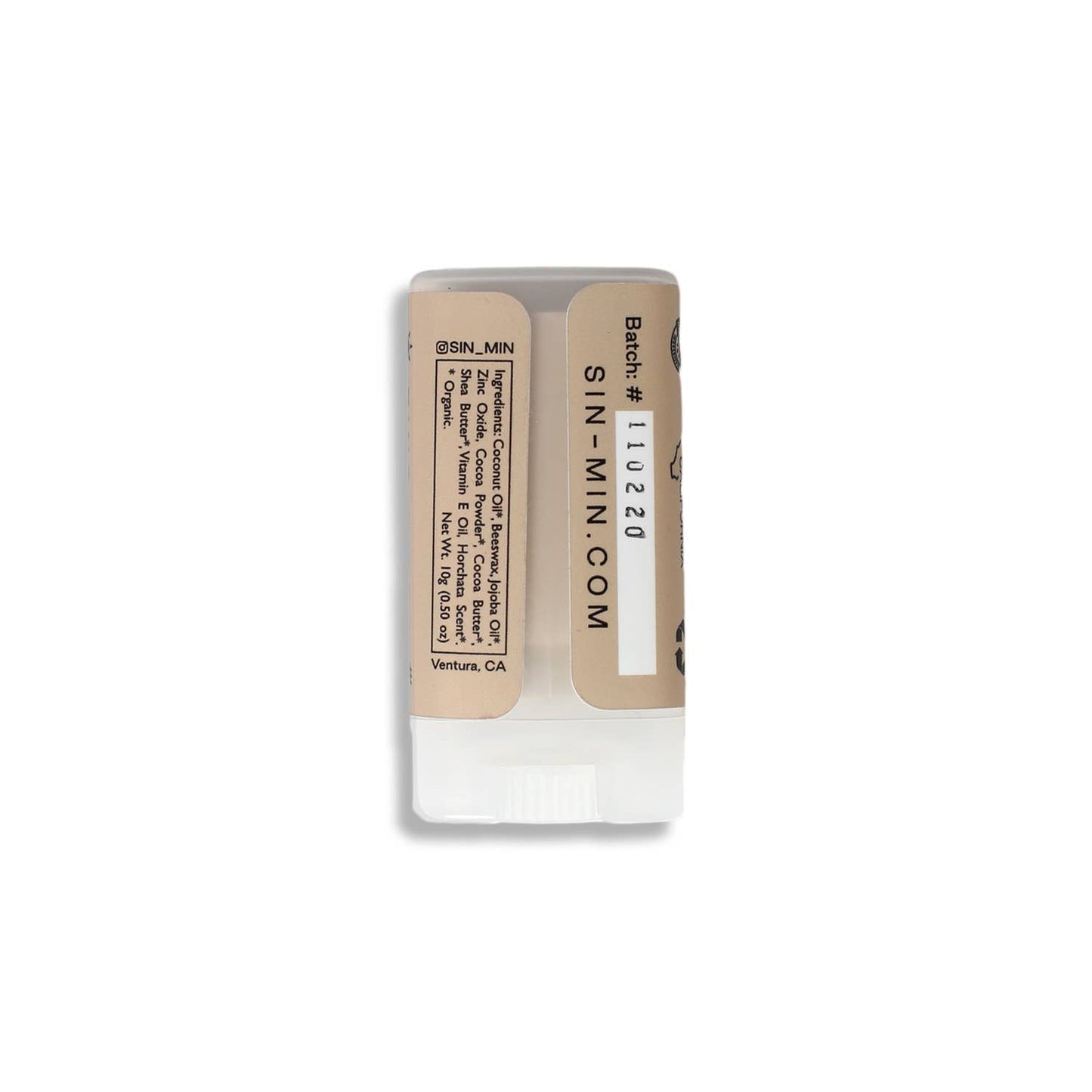 SIN-MIN indie sunscreen stick with natural ingredients and protective formula in a transparent container