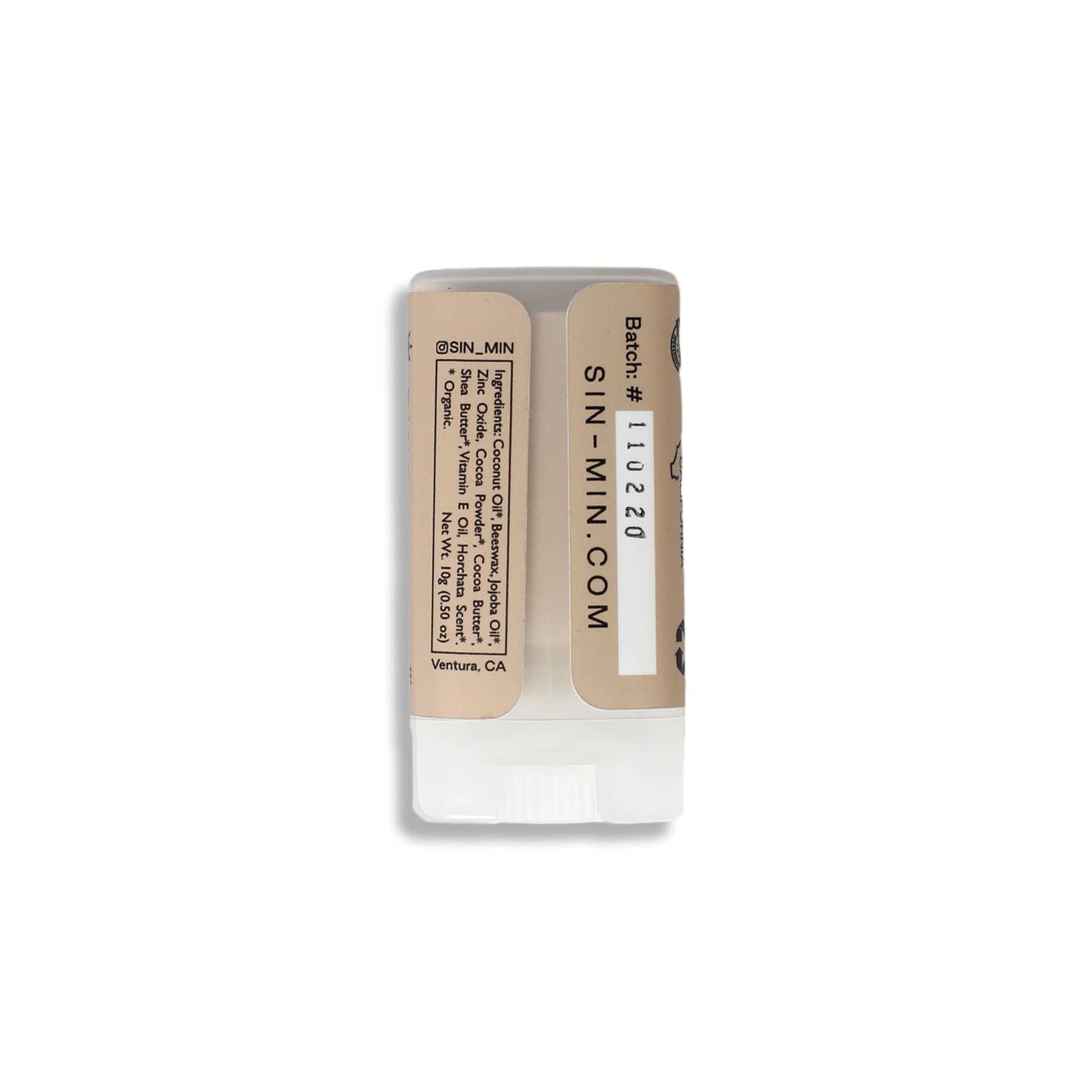 SIN-MIN indie sunscreen stick with natural ingredients and protective formula in a transparent container