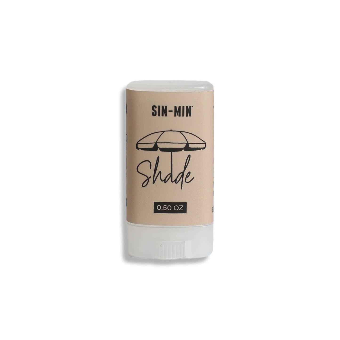 SIN-MIN indie sunscreen stick in beige packaging with shade umbrella design 0.50 oz
