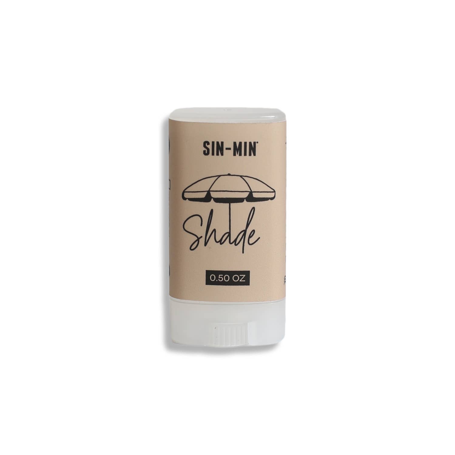 SIN-MIN indie sunscreen stick in beige packaging with shade umbrella design 0.50 oz