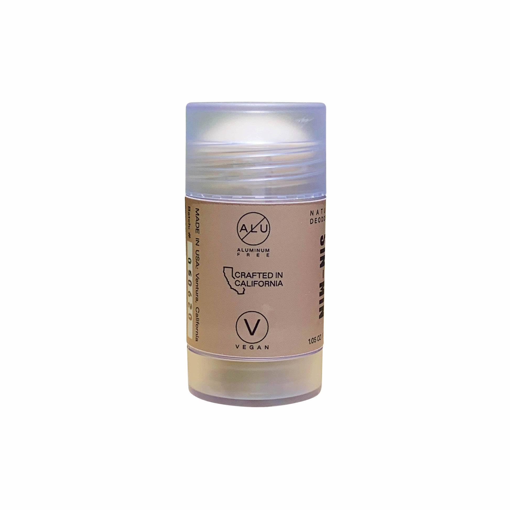 SIN-MIN natural travel size deodorant stick with vegan and aluminum free label