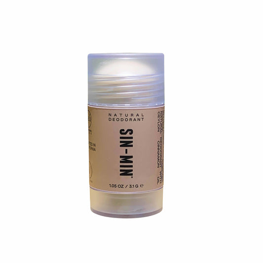 SIN-MIN natural travel size deodorant stick in clear container with beige label