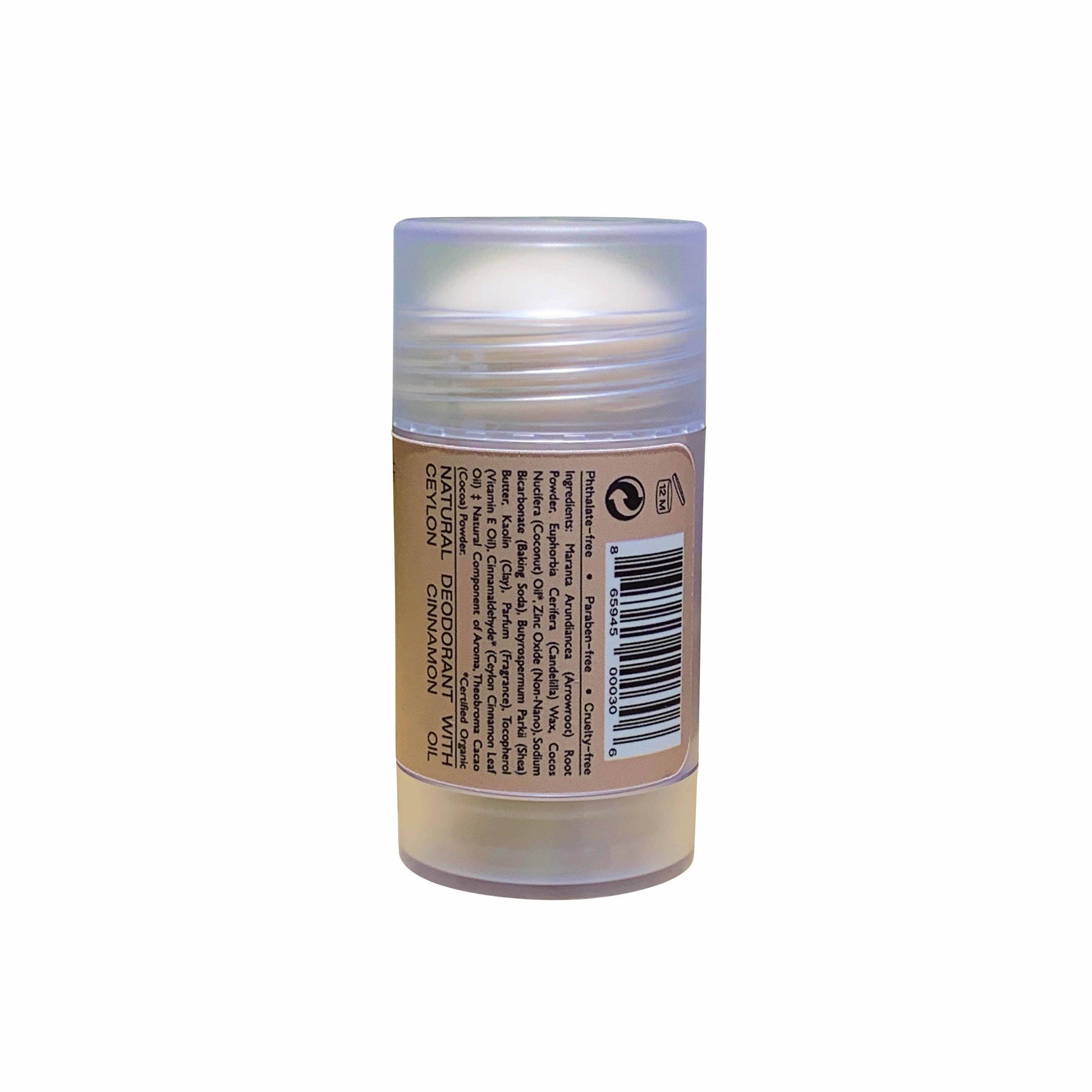 SIN-MIN natural travel size deodorant stick with label showing ingredients and barcode