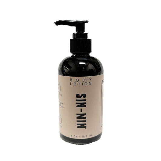 SIN-MIN sweet cinnamon vanilla body lotion in black pump bottle with beige label 8 oz