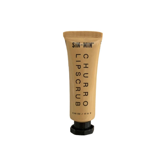 SIN-MIN vegan lip scrub Churro flavor in a small beige tube with black cap