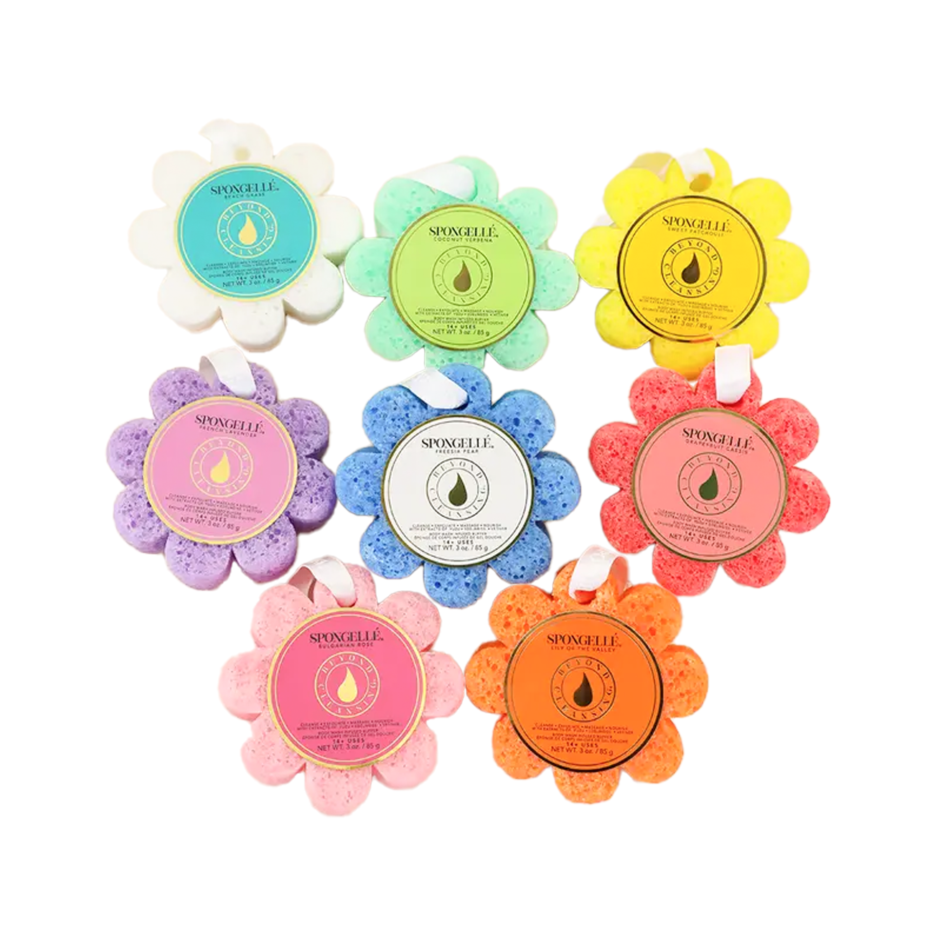 Spongelle Wildflowers soap sponge collection in various colors and scents for a luxurious bathing experience
