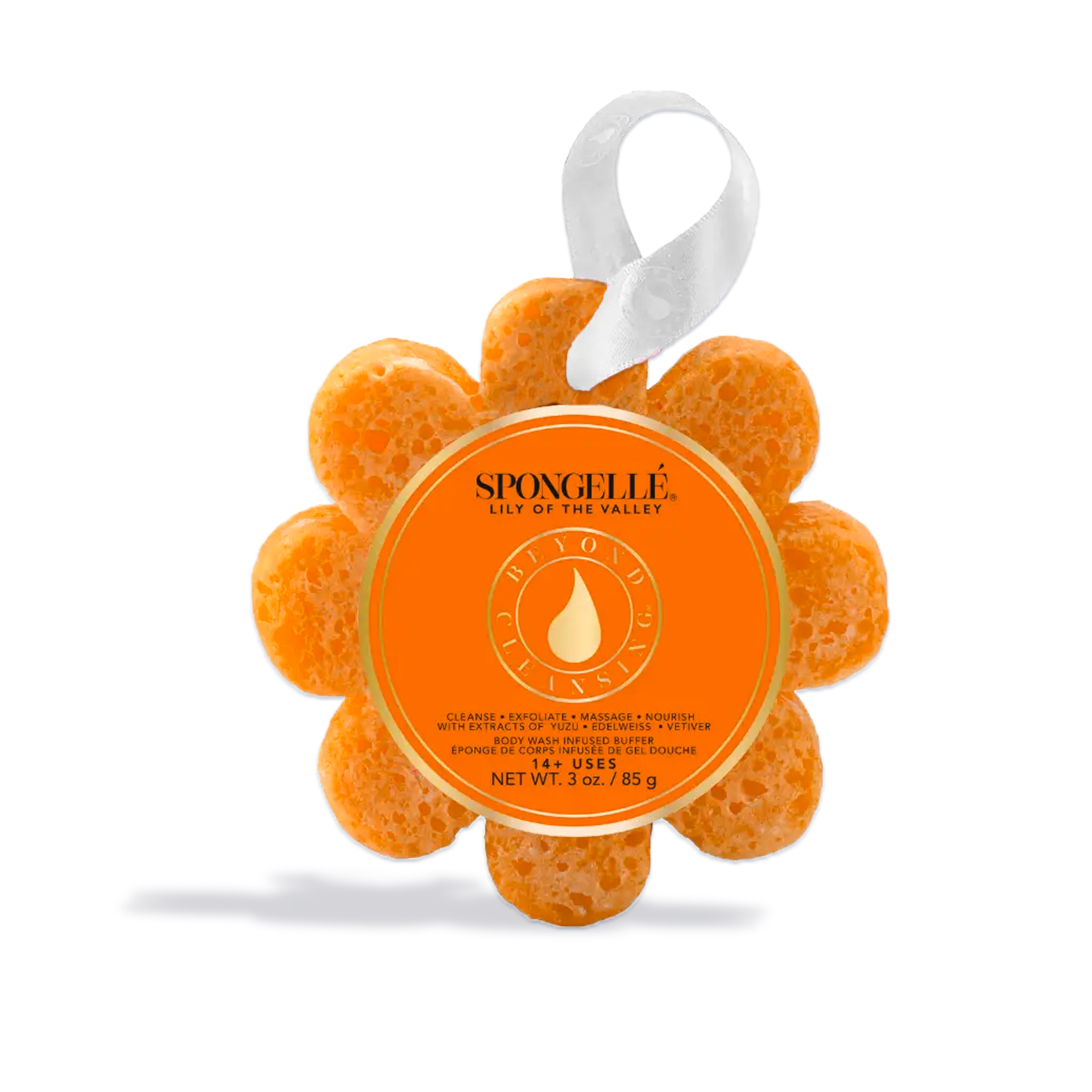 Spongelle Wildflowers soap sponge in a flower shape, infused with lily of the valley scent for a luxurious bathing experience