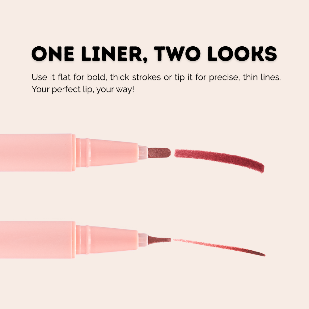 rosewood lip marker showing dual tip application flat bold stroke and fine precise line on light pink background